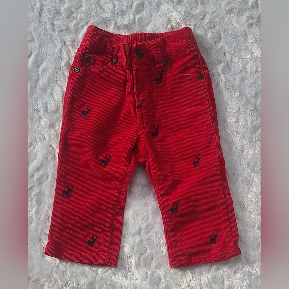 Janie and Jack - Boy's Red Blue Embroidered Deer Corduroy Pants, Sz 6-12 Months